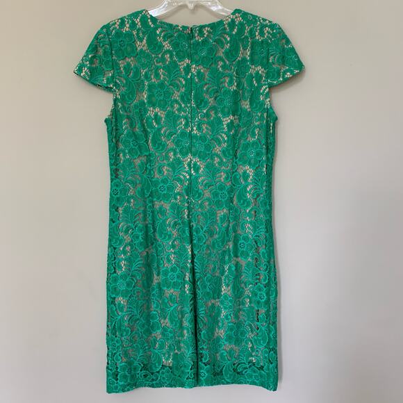 Saks Fifth Ave Black Label midi dress cap sleeve green lace beige lining size 12 - Picture 2 of 8